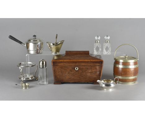 A pair of cut glass and silver collared scent bottles and stoppers, together with a converted tea caddy, an oak biscuit barre