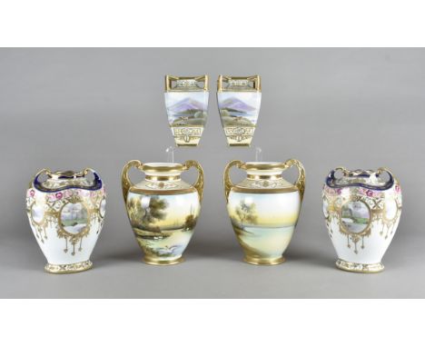 Three large Noritake porcelain vases, all with landscape decoration, heightened in gilt (6)Large chip to the rim of one. One 