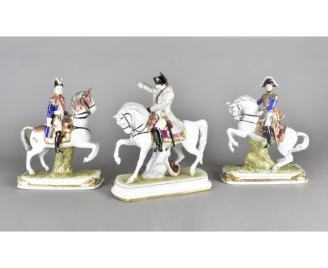 Three continental Napoleonic style military figures on horseback, modelled as Napoleon and two others marked Ney and SoultNap