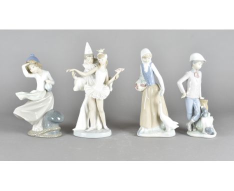 A Lladro figure of a ballet dancer and Pierrot the clown, together with three Spanish porcelain Nao figure groups 