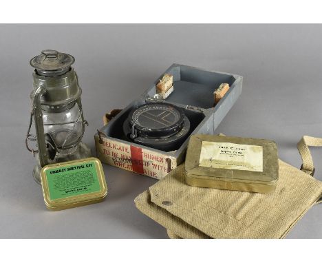 A Type P8 gimble compass in original box, together with two ammunition case, a military clip board, a lamp, survival kit, Cur