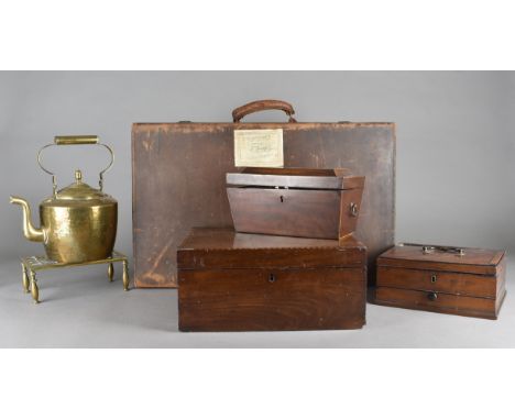 A George III shell inlaid mahogany sarcophagus shaped tea caddy, 26 cm x 14 cm x 13.5 cm together with a large mahogany cross