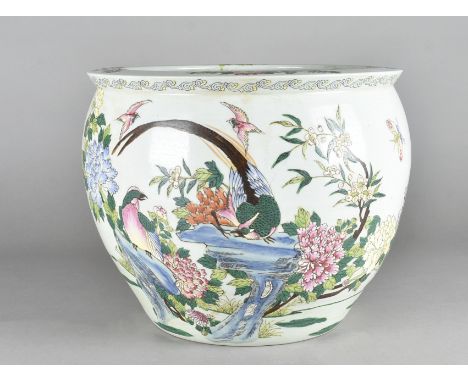 A 19th Century Chinese celadon fish bowl, decorated with asiatic pheasants to exterior, interior with orange carp, 31 cm high