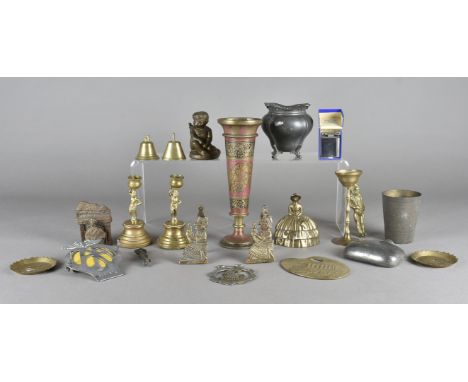 A quantity of miscellaneous metalware, including a collection of Punch and Judy door knocks, pewter hip flask, middle eastern