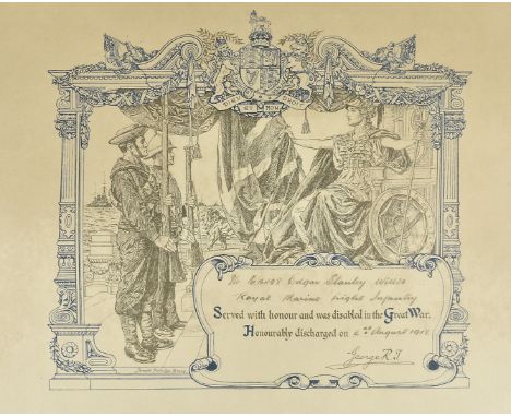 A WWI British certificate, to PTE PO16498 EDGAR STANLEY WILLIS of the ROYAL MARINE LIGHT INFANTRY, who served with honour and