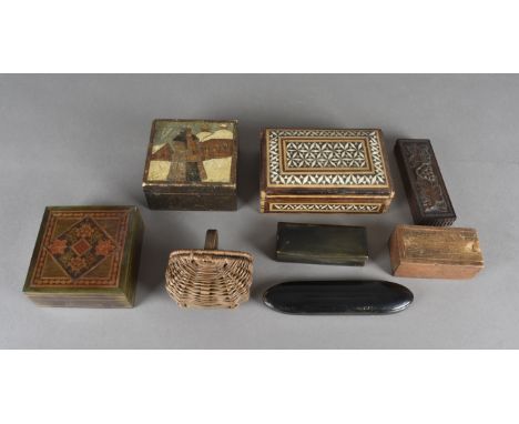 A quantity of miscellaneous boxes, including a 19th Century horn snuff box, Black Forest hinged box, a burr maple pocket snuf