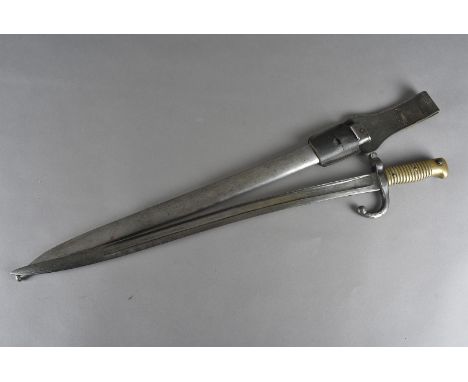 A French Yataghan sword bayonet, marked to the spine of the blade, complete with matching scabbard, 32548, and leather frog 