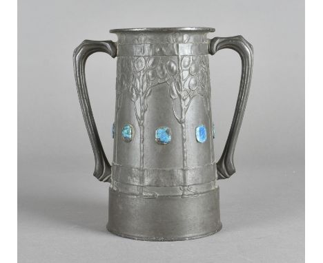 A Tudric for Liberty twin handled pewter vase, designed by David Veazey with applied enamel turquoise mounts, 20 cm high 