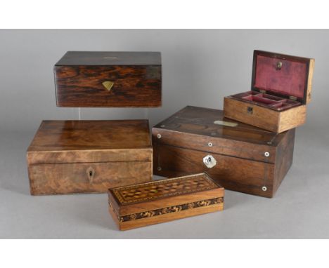 A Tunbridgeware inlaid glove box, with parquetry panel to top, 23 cm together with a rosewood and mother of pearl sewing box,