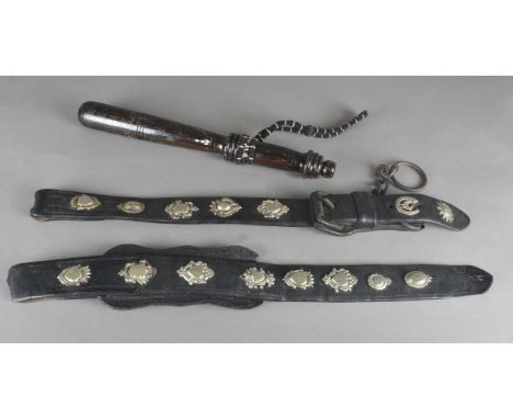 A pair of 19th Century leather and silver plate mounted martingales, 59 cm together with a hardwood mother of pearl inlaid tr