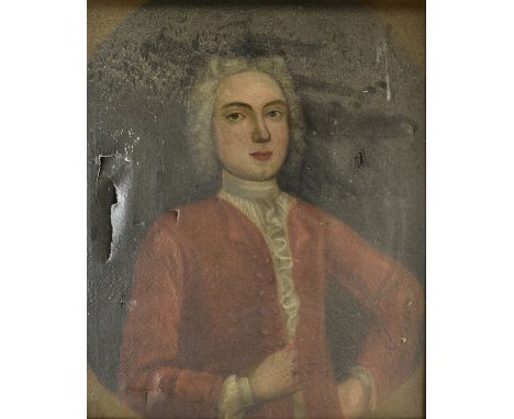 18th Century English school,  portrait study of a young man in red frock coat and lace ruff and collar, heavily damaged in ne