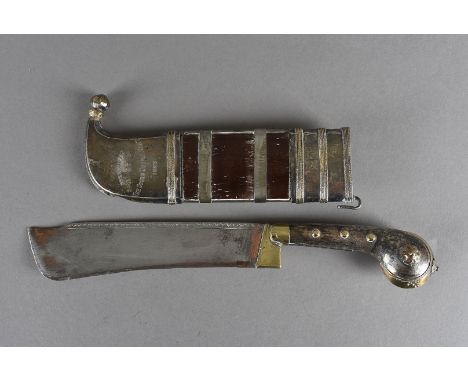 An early Century Indian Coorg Pichangatti knife, with hatchet blade formed with a clipped-back point, decorated to back edge,