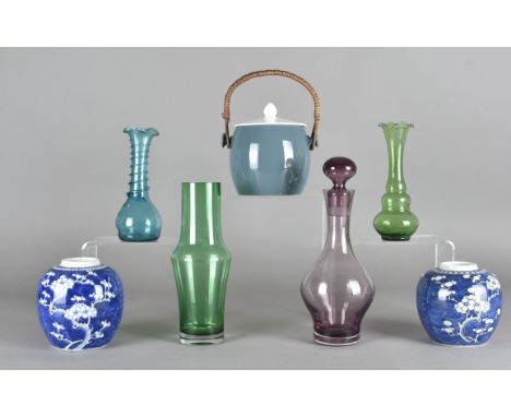 Selection of glassware and ceramics, three glass vases and a decanter, a Poole Pottery biscuit barrel with wicker handle and 