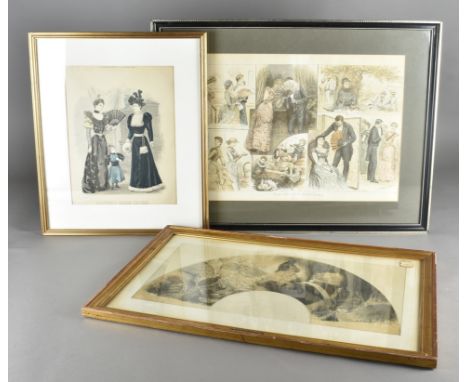 Three framed prints featuring fans, including a leaf depicting a sketch of a classical couple embracing, signed and 'The Soci