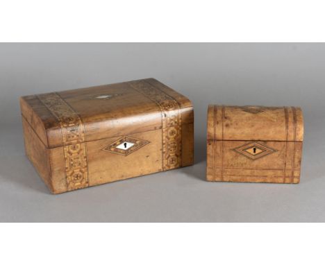 An inlaid dome top tea caddy, 18 cm wide together with a walnut inlaid workbox with af interior 30 cm wide (2) 