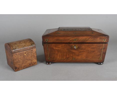 A mahogany sarcophagus shaped brass inlaid tea caddy, with associated mixing bowl and another burr walnut tea caddy (2) 