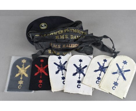A collection of Naval tallys, including Cochrane, Vernon, Raleigh, Danae, Excellent and more, together with a Naval cap, epau