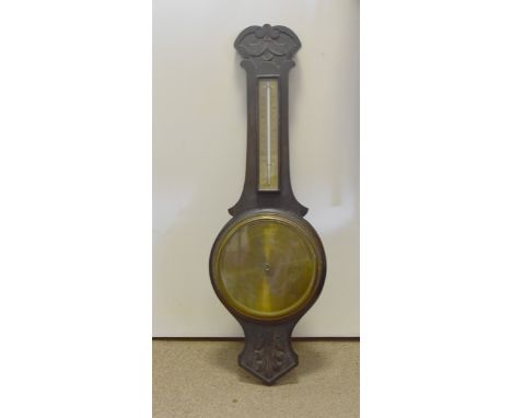 A 19th Century oak cased aneroid banjo barometer, and thermometer with brass dials, 80 cm 