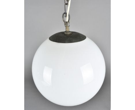 An art deco globular white opaque glass ceiling light, with suspension chain, patented metal fittings, approx 42 cm diameter 