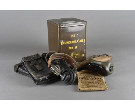 A WWII leather pistol holster with cleaning rod, together with a selection of webbing, belts, Type H medium oxygen mask, ear 