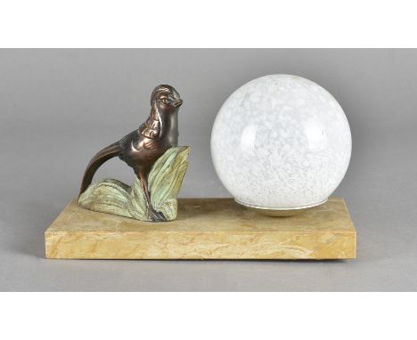 An art deco French table light, the globe shade with spelter pheasant on a hardstone base, 21 cm wide 