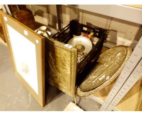 Box of mixed items including scales and firescreen 