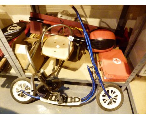 Shelf of mixed items inc childs trike