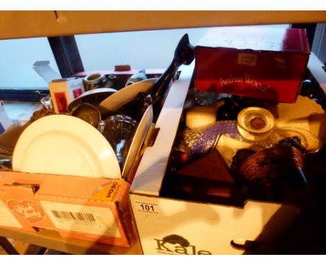 Two boxes of mixed ceramics & glass inc decanter