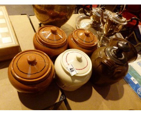 Four Thorntons ceramic Special Toffee storage jars and a large studio pottery salt pig