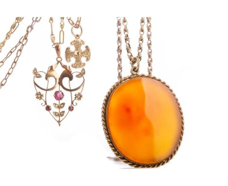 COLLECTION OF CHAINS AND PENDANTS,including three chains marked for nine carat gold, 14.4g gross, an unmarked yellow metal ca