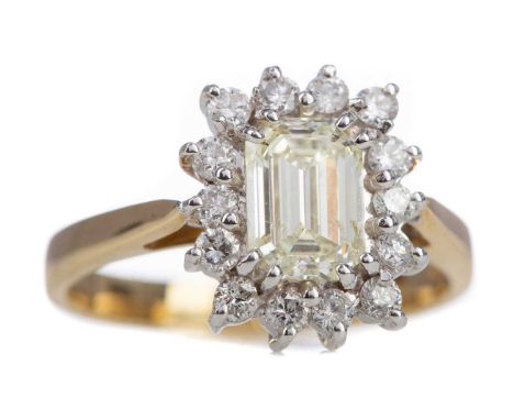 DIAMOND CLUSTER RING,the emerald cut diamond of approximately 1.01 carats within a round brilliant cut diamond halo, in eight