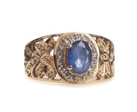 SAPPHIRE AND DIAMOND DRESS RING,set with central oval sapphire within a diamond border totalling approximately 0.15 carats, o