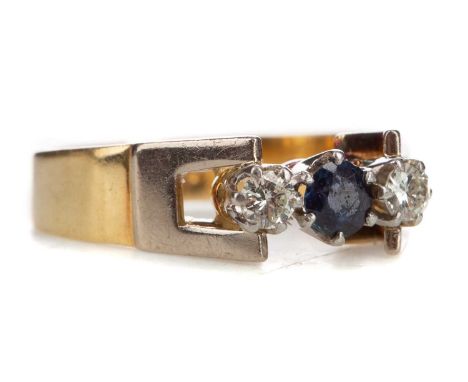 SAPPHIRE AND DIAMOND THREE STONE RING,set with a central round sapphire flanked by diamonds totalling approximately 0.20 cara