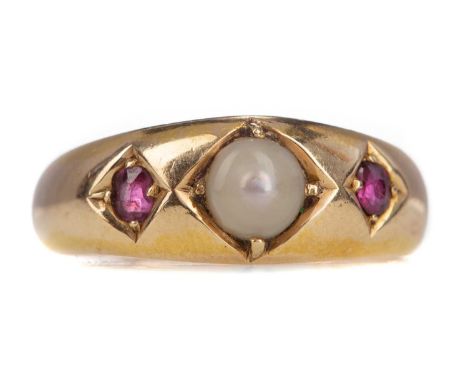 FAUX PEARL AND RUBY RING,set with a central faux pearl flanked by two rubies, in eighteen carat gold, size P, 4.8gGenerally w