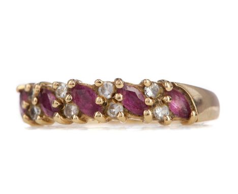 RUBY AND DIAMOND RING,the marquise rubies interspaced by round diamonds, in nine carat gold, size K 1/2, 2.1g