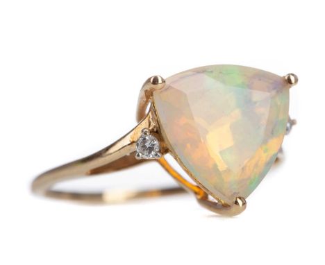 OPAL AND DIAMOND RING,set with a trillion cut opal flanked by two round brilliant cut diamonds, marked 10K, size R 1/2, 3gGen