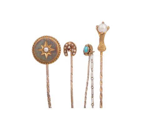 PEARL AND DIAMOND BAR BROOCH,unmarked, along with a collection of stick pins including a pearl and ruby horseshoe example mar