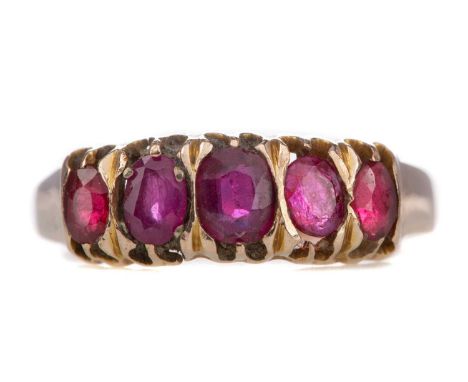 RUBY FIVE STONE RING,set with five oval rubies, unmarked, size P, 1.5gWorn condition. Stones mismatched. Some opaque, others 