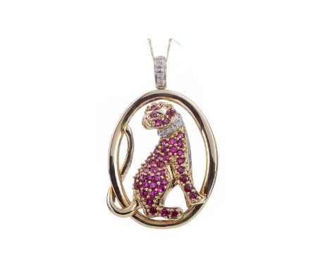 RUBY AND DIAMOND PANTHER PENDANT,the seated panther set with round rubies, with diamond set collar and bale, 40mm high, in ni