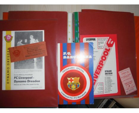 75/76 Liverpool Football Ticket + Programme Folder: Rare away programmes at Dresden + Barcelona which also have newspapers. T