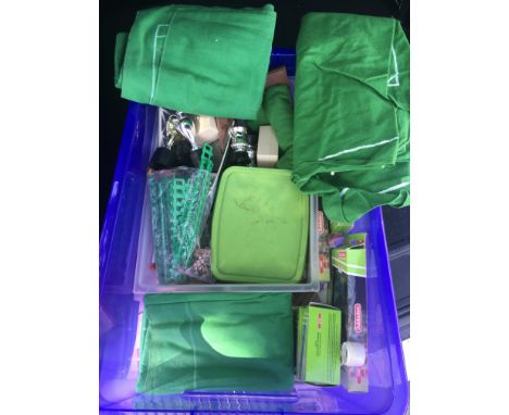 Football Memorabilia Box: Includes Subbuteo teams, pitches and stands with many autographs, programmes and tickets. Viewing e