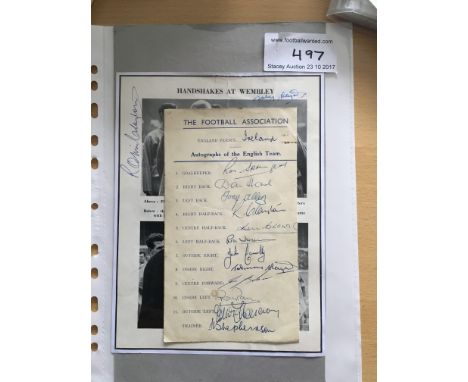 England 1959 Signed Football Match Card: Official FA card v Ireland in which all eleven players plus Shepherdson have signed 