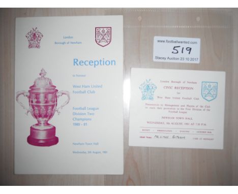 West Ham 80/81 Champions Menu + Ticket: Superb reception menu to celebrate winning division two at Newham Town Hall together 