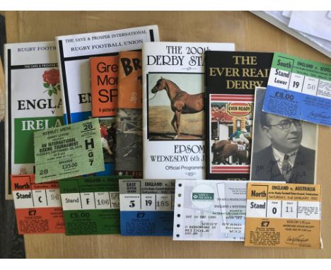 Rugby Union + Sports Programmes: 19 Rugby Union England Internationals, some with tickets, plus boxing programmes, Epsom Derb