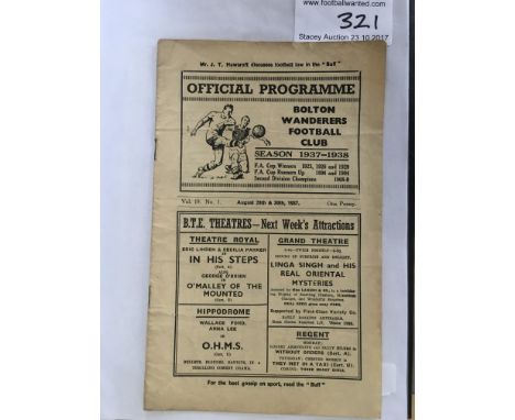 1937/38 Bolton Wanderers Football Programme: Covers first two matches of the season v Brentford and Blackpool. 12 page progra