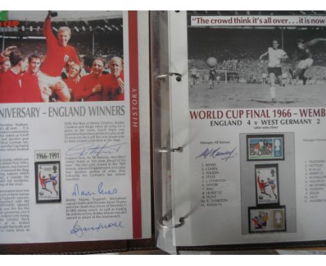 England 1966 World Cup Football Autographs: Genuine autographs from the 1990 Masterfile collection. A4 card depicting Bobby M