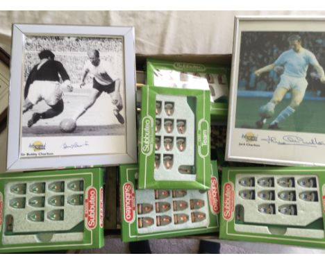 Football Memorabilia Box: Includes signed framed photos of Bobby and Jack Charlton Nobby Stiles and Shearer. C/W 5 boxed Subb