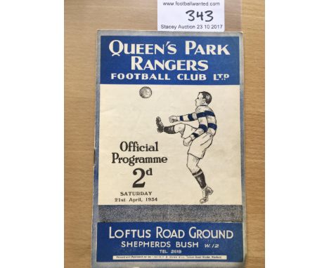 33/34 QPR v Bristol Rovers Football Programme: Good condition programme dated 21/4/1934. Light fold but no team changes.