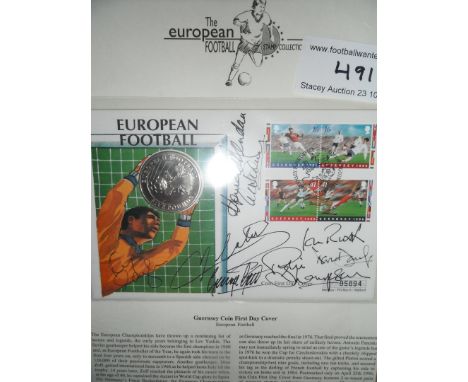 Best Dalglish Rush Stepney + Kendall Signed FDC: First day cover with Â£5 coin made in Guernsey for Euro 96 signed to cover b