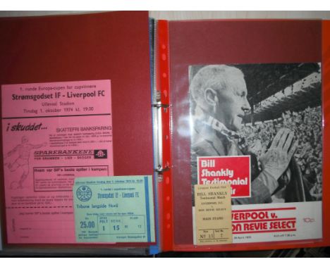 74/75 Liverpool Football Ticket + Programme Folder: Incredibly rare Stromsgodset home and away programmes and tickets plus bo